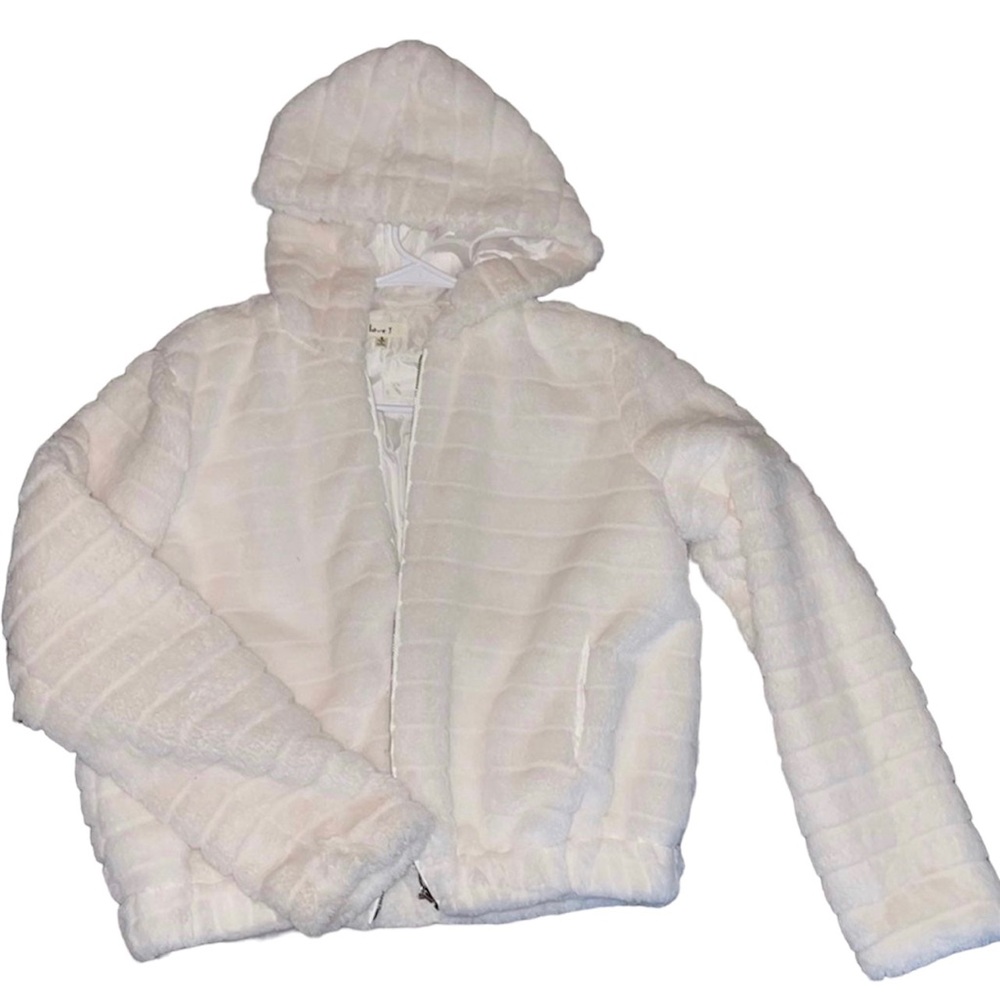 Women’s White Faux Fur Hooded Jacket Full Zip Fuzzy Soft Coat Size M